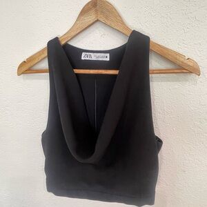 Zara Cowl Neck Crop Top Black Sleeveless Fitted Waist size Small Minimalist